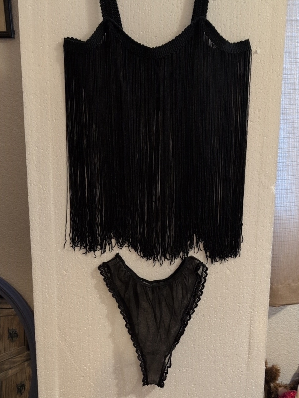 Black Fringe Camisole and Mesh Thong Set - Black Intimate Two-Piece